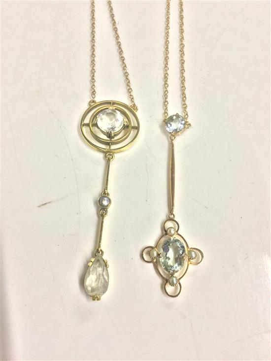 2 x 9ct gold gem set drop pendants